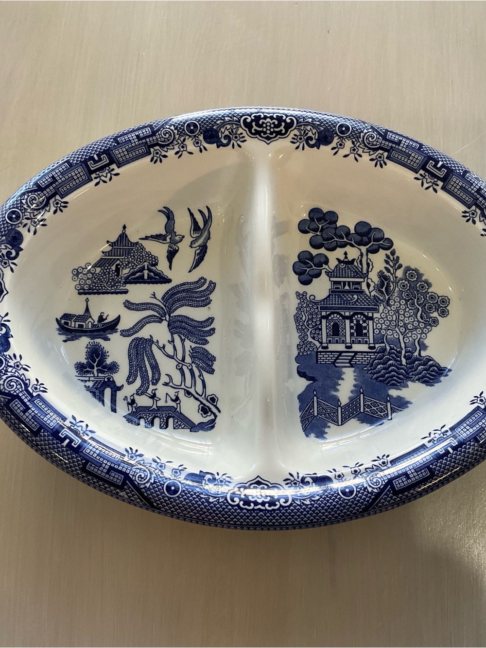 Blue and White Divided Serving Dish - Classic Willow Pattern